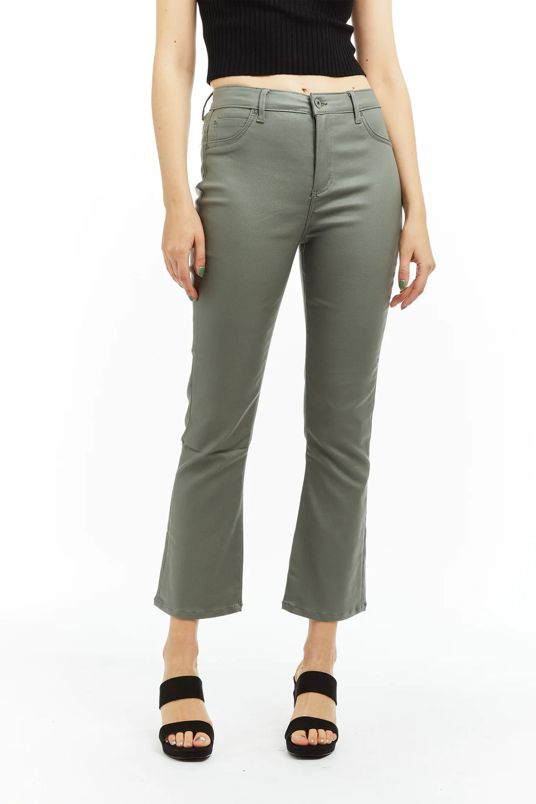 Sage High Rise Coated Ankle Crop Flare Denim by Tractr