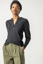 Load image into Gallery viewer, Lilla P Shirred Long Sleeve Split Neck, Black