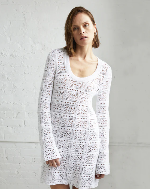 bell cashmere mini dress Autumn Cashmere Patchwork Mini Dress Bell Sleeve, White