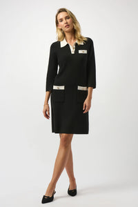Knit Dress with Contrast Shirt Collar and Pockets 253995
