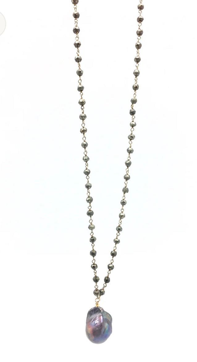 Diddi long pyrite and baroque pearl necklace