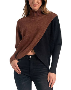 Elan Mock Neck Crossover Sweater, Black & Brown/Black & Natural