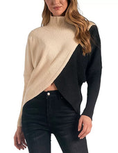 Load image into Gallery viewer, Elan Mock Neck Crossover Sweater, Black &amp; Brown/Black &amp; Natural
