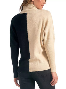 Elan Mock Neck Crossover Sweater, Black & Brown/Black & Natural