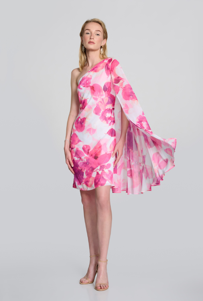 Chiffon Floral One-Shoulder Cape Dress 242716