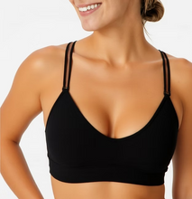 Load image into Gallery viewer, Strap its Plunge bra black with gold chain
