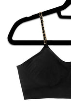 Load image into Gallery viewer, Strap its Plunge bra black with gold chain
