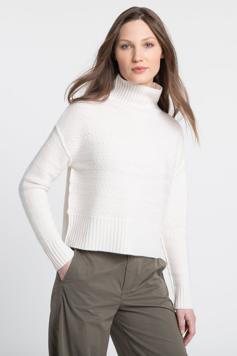 Cropped Textured Mock Neck Sweater by Kinross  coastal blue and black