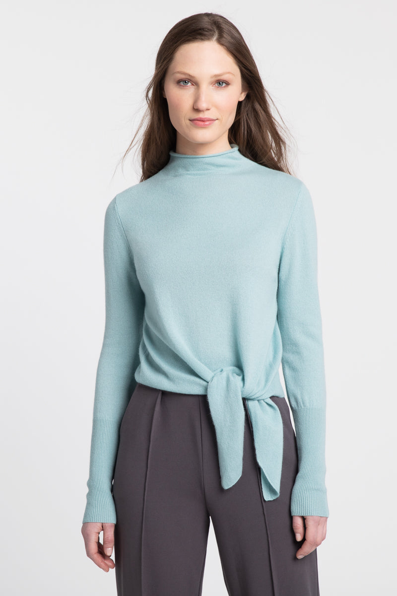 Tie Front Funnel Neck Cashmere Sweater by Kinross pearl and rosebud