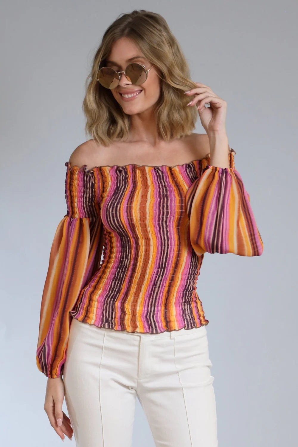Smocked off the shoulder T6336